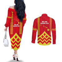 Hawaii Mauna Kea Couples Matching Off The Shoulder Long Sleeve Dress and Long Sleeve Button Shirt Hawaiian Kakau Tribal Pattern LT14 - Polynesian Pride
