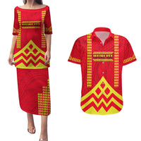 Hawaii Mauna Kea Couples Matching Puletasi and Hawaiian Shirt Hawaiian Kakau Tribal Pattern LT14 Red - Polynesian Pride