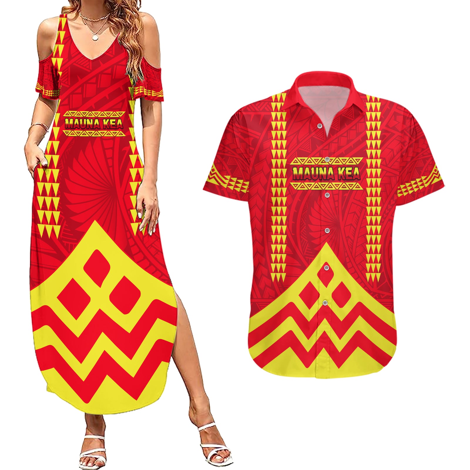 Hawaii Mauna Kea Couples Matching Summer Maxi Dress and Hawaiian Shirt Hawaiian Kakau Tribal Pattern LT14 Red - Polynesian Pride