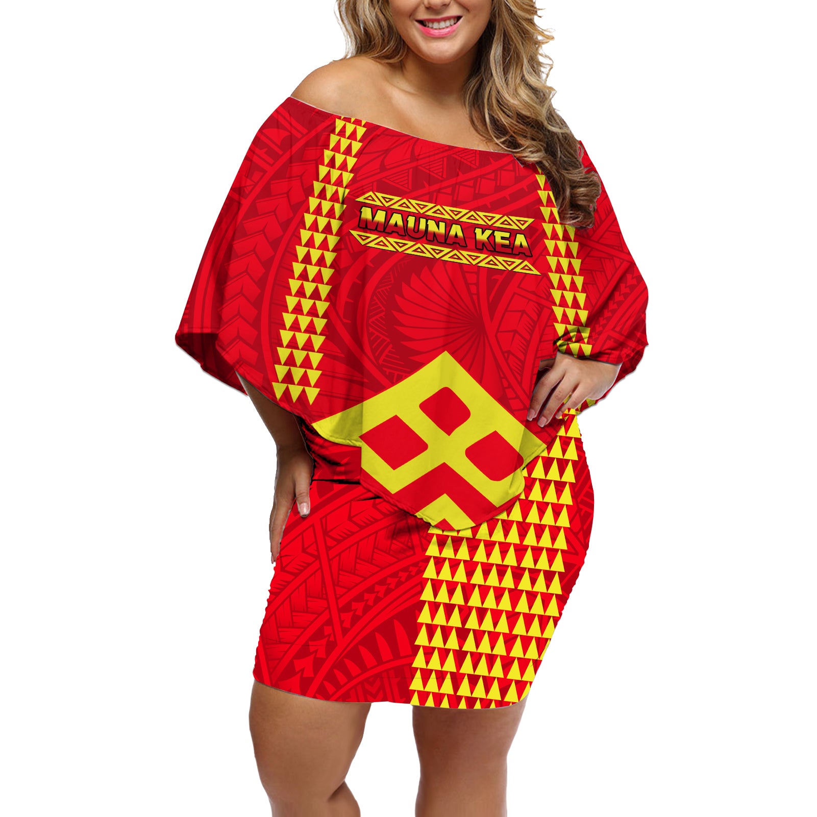 Hawaii Mauna Kea Off Shoulder Short Dress Hawaiian Kakau Tribal Pattern LT14 Women Red - Polynesian Pride