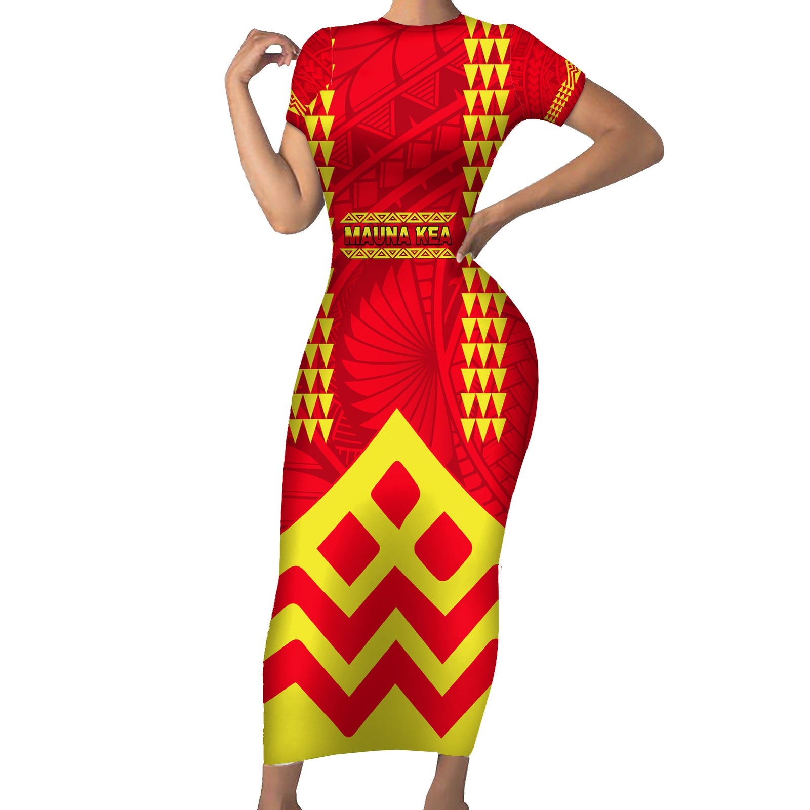 Hawaii Mauna Kea Short Sleeve Bodycon Dress Hawaiian Kakau Tribal Pattern LT14 Long Dress Red - Polynesian Pride