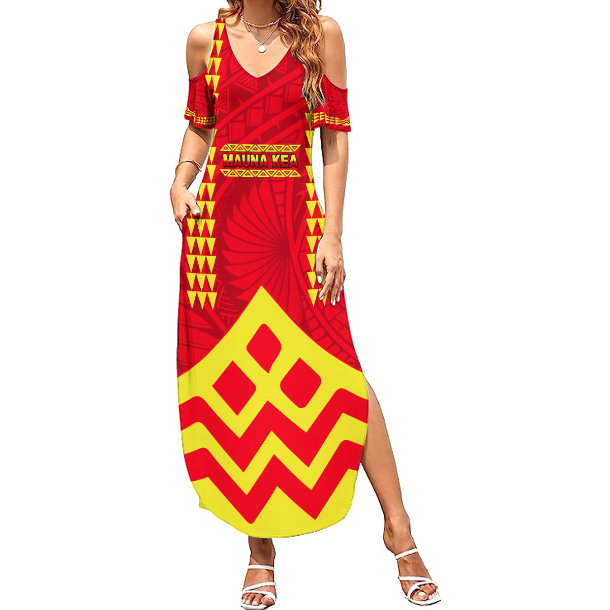 Hawaii Mauna Kea Summer Maxi Dress Hawaiian Kakau Tribal Pattern LT14 Women Red - Polynesian Pride