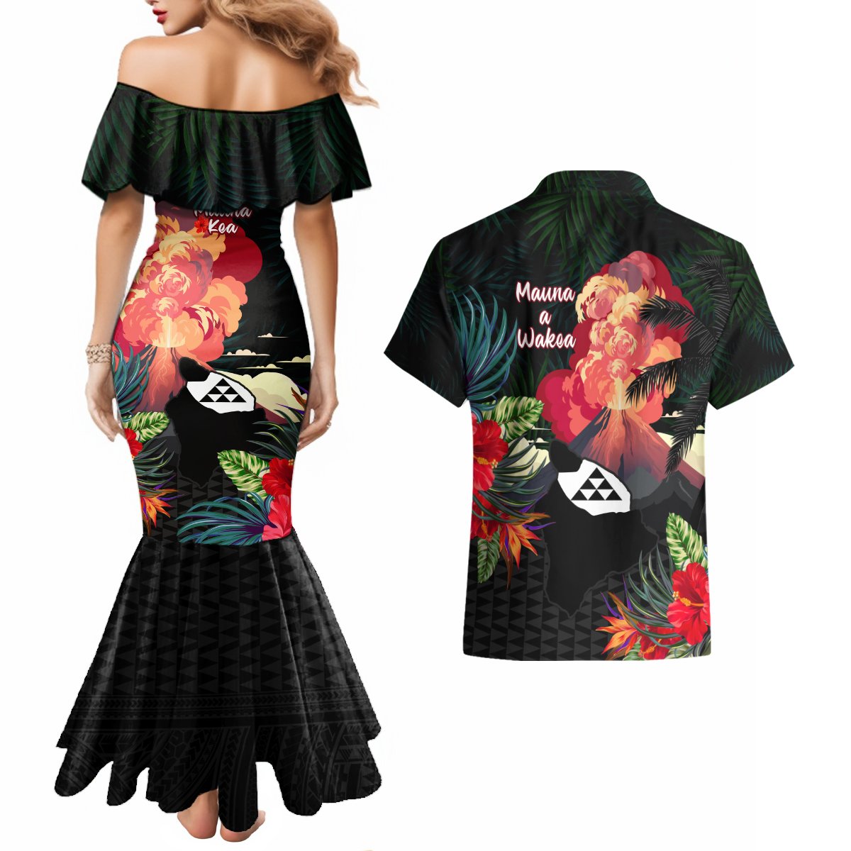 Hawaii Mauna Kea Couples Matching Mermaid Dress and Hawaiian Shirt White Mountain With Nene Tropical Vibes LT14 - Polynesian Pride