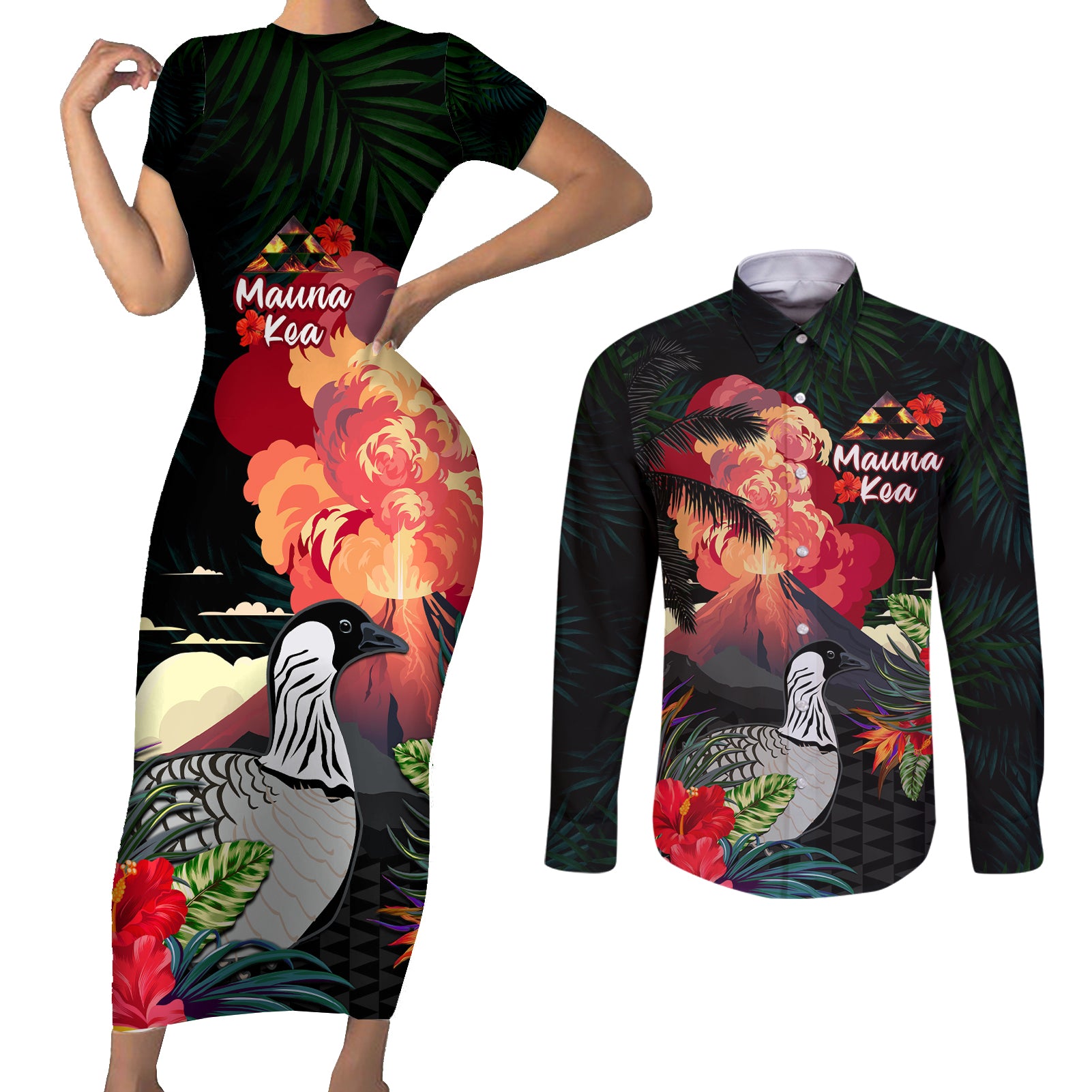 Hawaii Mauna Kea Couples Matching Short Sleeve Bodycon Dress and Long Sleeve Button Shirt White Mountain With Nene Tropical Vibes LT14 Black - Polynesian Pride