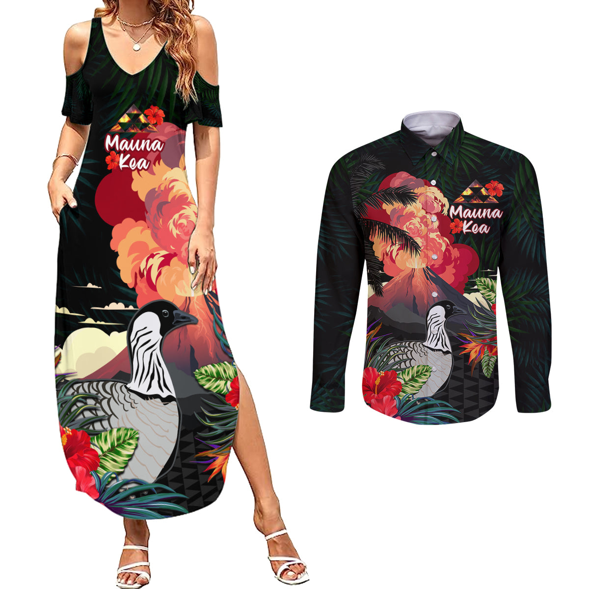 Hawaii Mauna Kea Couples Matching Summer Maxi Dress and Long Sleeve Button Shirt White Mountain With Nene Tropical Vibes LT14 Black - Polynesian Pride