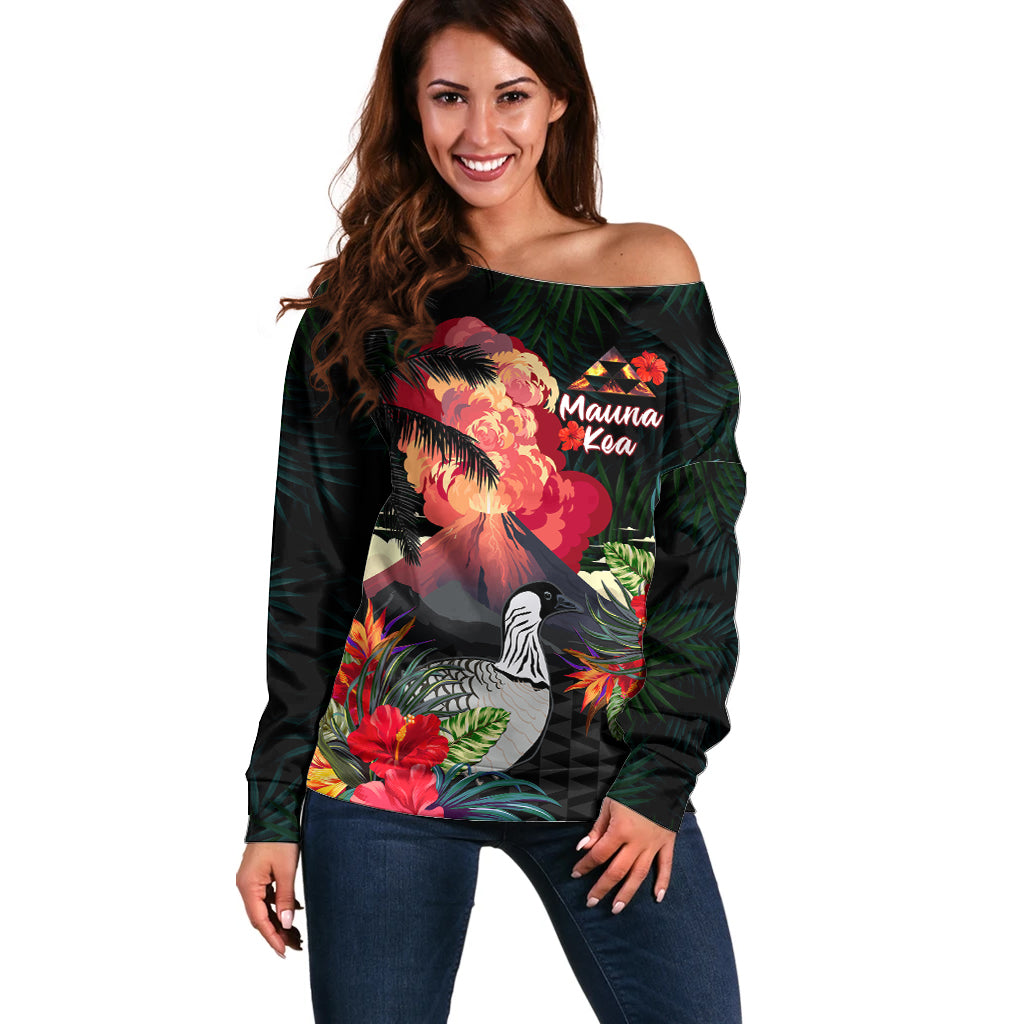 Hawaii Mauna Kea Off Shoulder Sweater White Mountain With Nene Tropical Vibes LT14 Women Black - Polynesian Pride