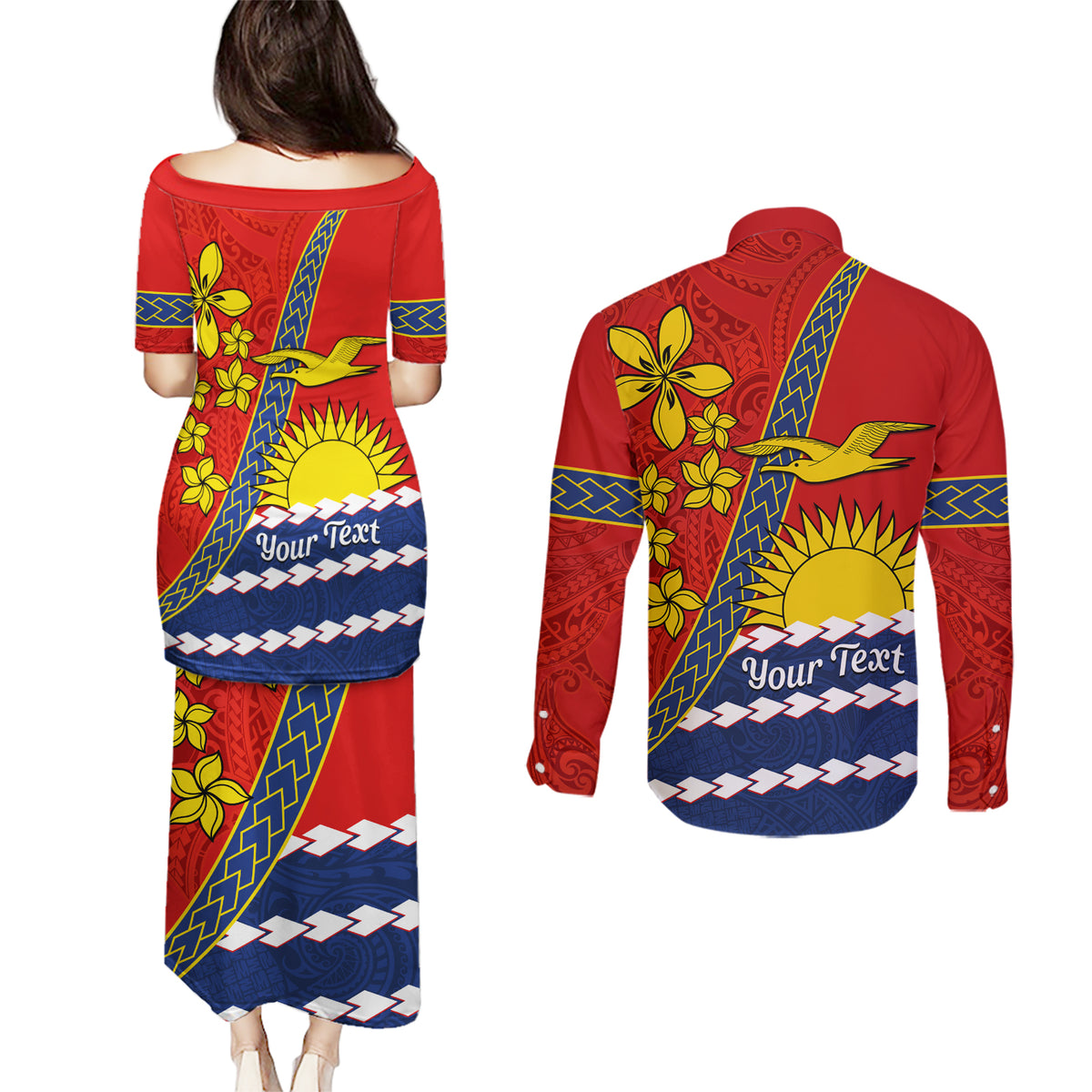 Personalised Mauri Kiribati Couples Matching Puletasi and Long Sleeve Button Shirt Polynesian Ribaberiki Flag Style Mix Plumeria LT14 - Polynesian Pride