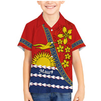 Personalised Mauri Kiribati Family Matching Mermaid Dress and Hawaiian Shirt Polynesian Ribaberiki Flag Style Mix Plumeria LT14 Son's Shirt Red - Polynesian Pride