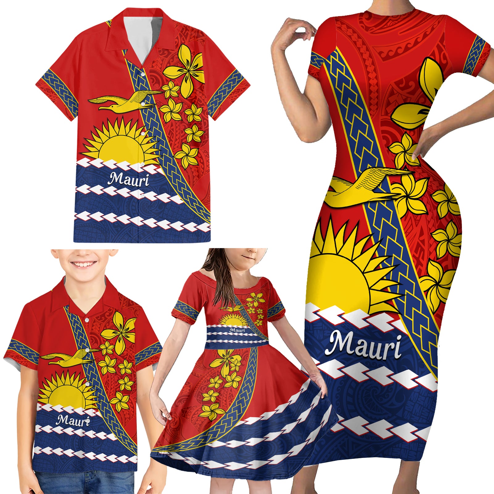 Personalised Mauri Kiribati Family Matching Short Sleeve Bodycon Dress and Hawaiian Shirt Polynesian Ribaberiki Flag Style Mix Plumeria LT14 - Polynesian Pride