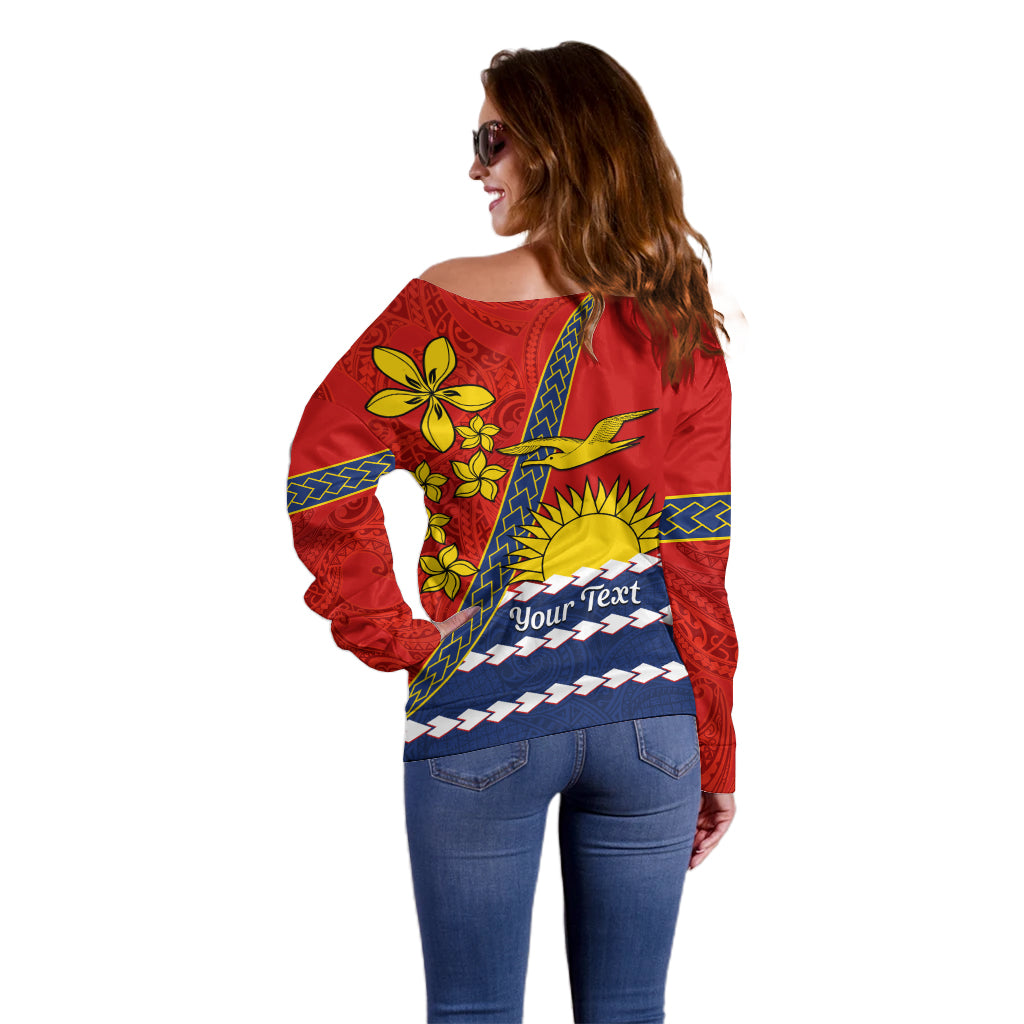 Personalised Mauri Kiribati Off Shoulder Sweater Polynesian Ribaberiki Flag Style Mix Plumeria LT14 - Polynesian Pride