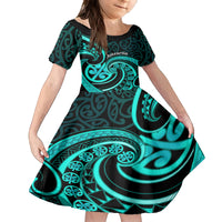 Turquoise New Zealand Mangopare Family Matching Tank Maxi Dress and Hawaiian Shirt Aotearoa Maori Koru Style LT14 Daughter's Dress Turquoise - Polynesian Pride