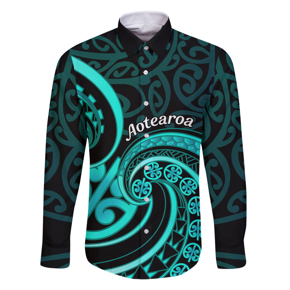 Turquoise New Zealand Mangopare Family Matching Tank Maxi Dress and Hawaiian Shirt Aotearoa Maori Koru Style LT14 Dad's Shirt - Long Sleeve Turquoise - Polynesian Pride