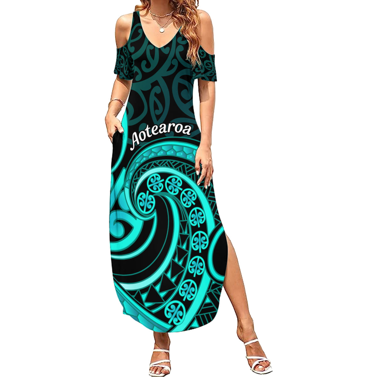 Turquoise New Zealand Mangopare Summer Maxi Dress Aotearoa Maori Koru Style LT14 Women Turquoise - Polynesian Pride