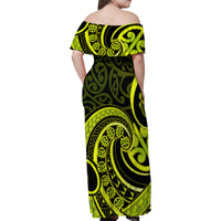 Lime Green New Zealand Mangopare Family Matching Off Shoulder Maxi Dress and Hawaiian Shirt Aotearoa Maori Koru Style LT14 - Polynesian Pride