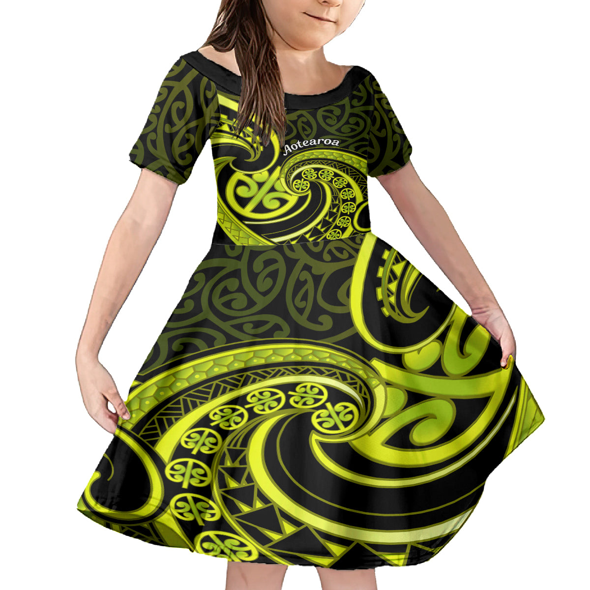 Lime Green New Zealand Mangopare Kid Short Sleeve Dress Aotearoa Maori Koru Style LT14 KID Lime Green - Polynesian Pride