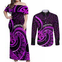 Purple Aotearoa Mangopare Couples Matching Off Shoulder Maxi Dress and Long Sleeve Button Shirt NZ Maori Koru Style LT14 Purple - Polynesian Pride