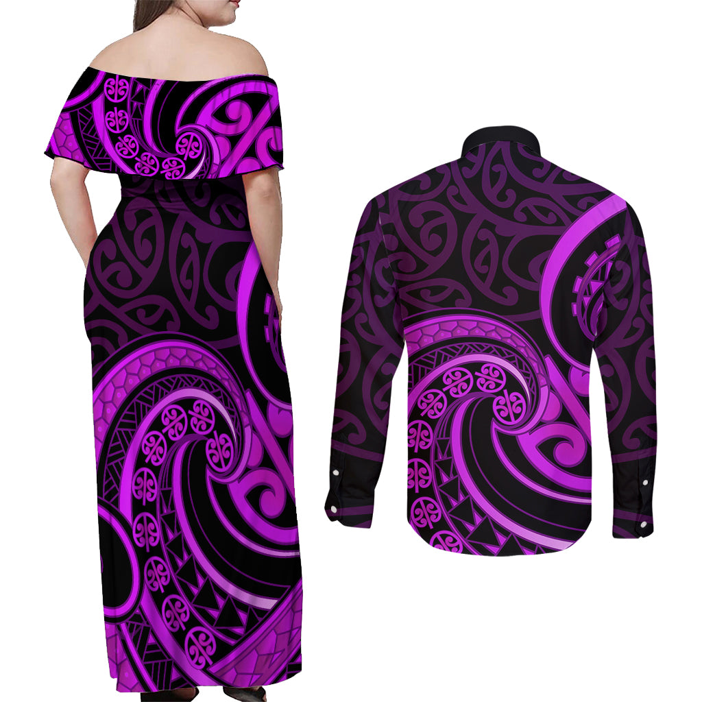 Purple Aotearoa Mangopare Couples Matching Off Shoulder Maxi Dress and Long Sleeve Button Shirt NZ Maori Koru Style LT14 - Polynesian Pride