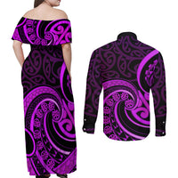 Purple Aotearoa Mangopare Couples Matching Off Shoulder Maxi Dress and Long Sleeve Button Shirt NZ Maori Koru Style LT14 - Polynesian Pride