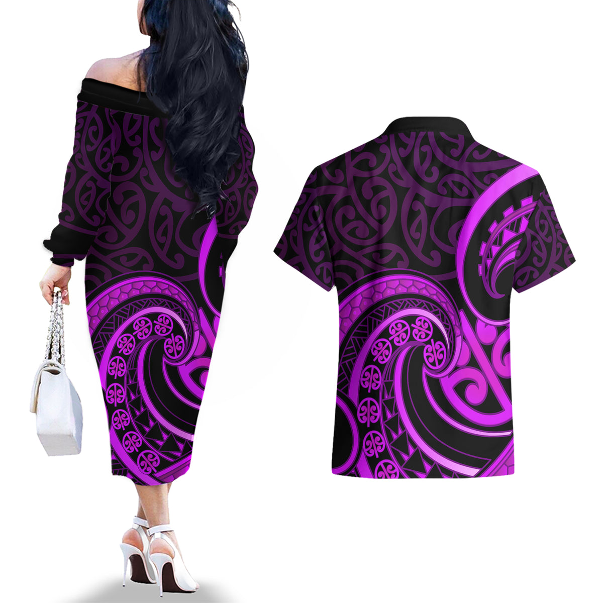 Purple Aotearoa Mangopare Couples Matching Off The Shoulder Long Sleeve Dress and Hawaiian Shirt NZ Maori Koru Style LT14 - Polynesian Pride