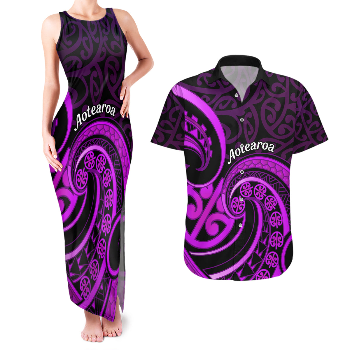 Purple Aotearoa Mangopare Couples Matching Tank Maxi Dress and Hawaiian Shirt NZ Maori Koru Style LT14 Purple - Polynesian Pride