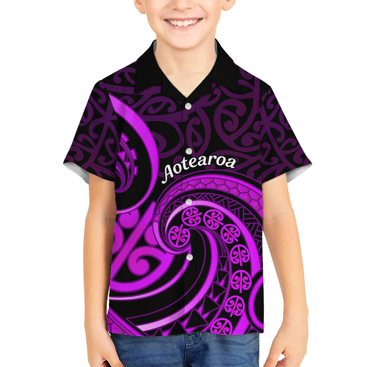 Purple Aotearoa Mangopare Family Matching Long Sleeve Bodycon Dress and Hawaiian Shirt NZ Maori Koru Style LT14 Son's Shirt Purple - Polynesian Pride