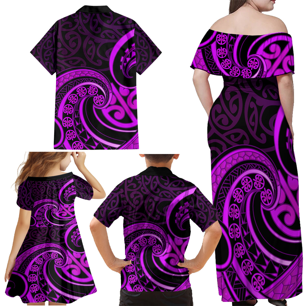 Purple Aotearoa Mangopare Family Matching Off Shoulder Maxi Dress and Hawaiian Shirt NZ Maori Koru Style LT14 - Polynesian Pride