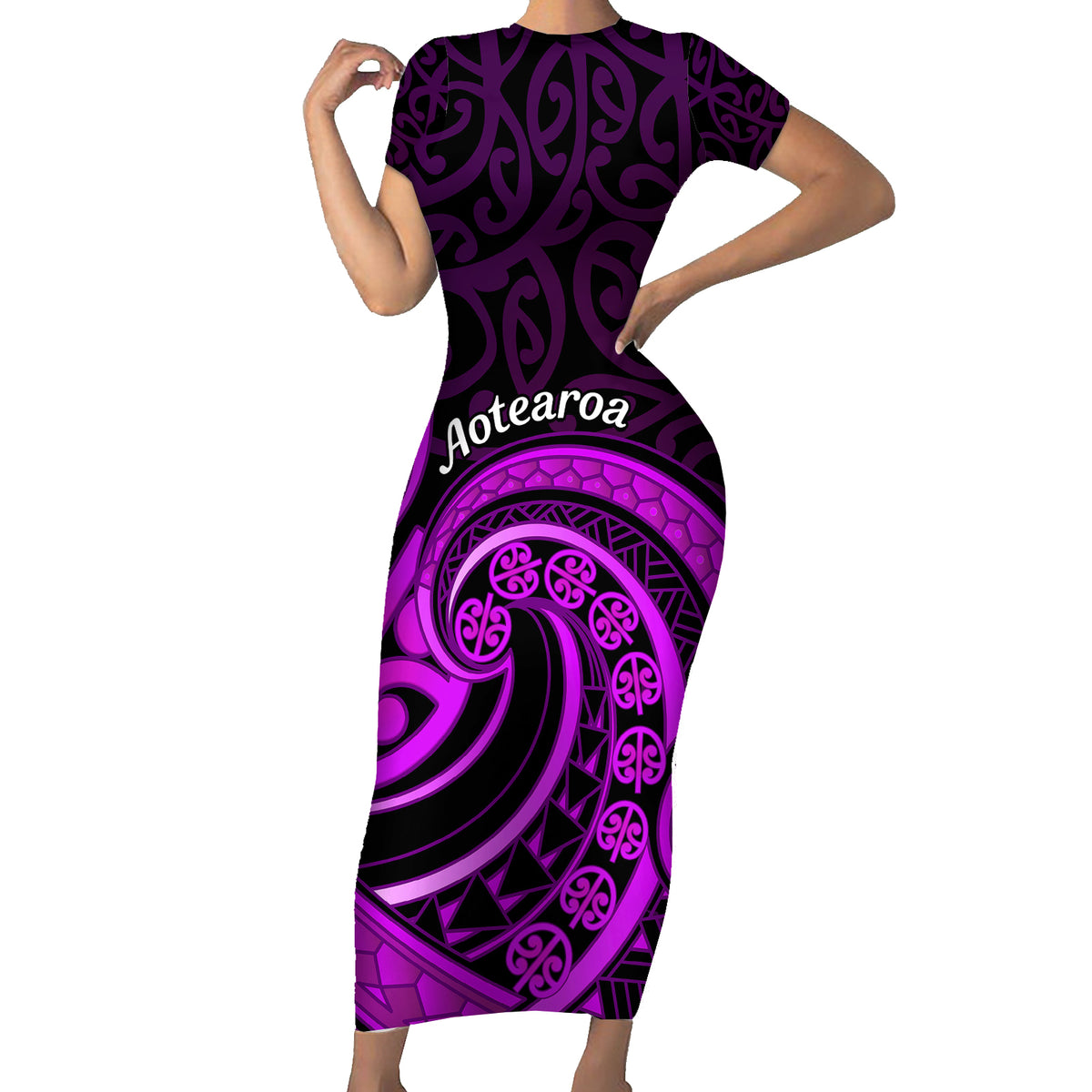 Purple Aotearoa Mangopare Family Matching Short Sleeve Bodycon Dress and Hawaiian Shirt NZ Maori Koru Style LT14 Mom's Dress Purple - Polynesian Pride