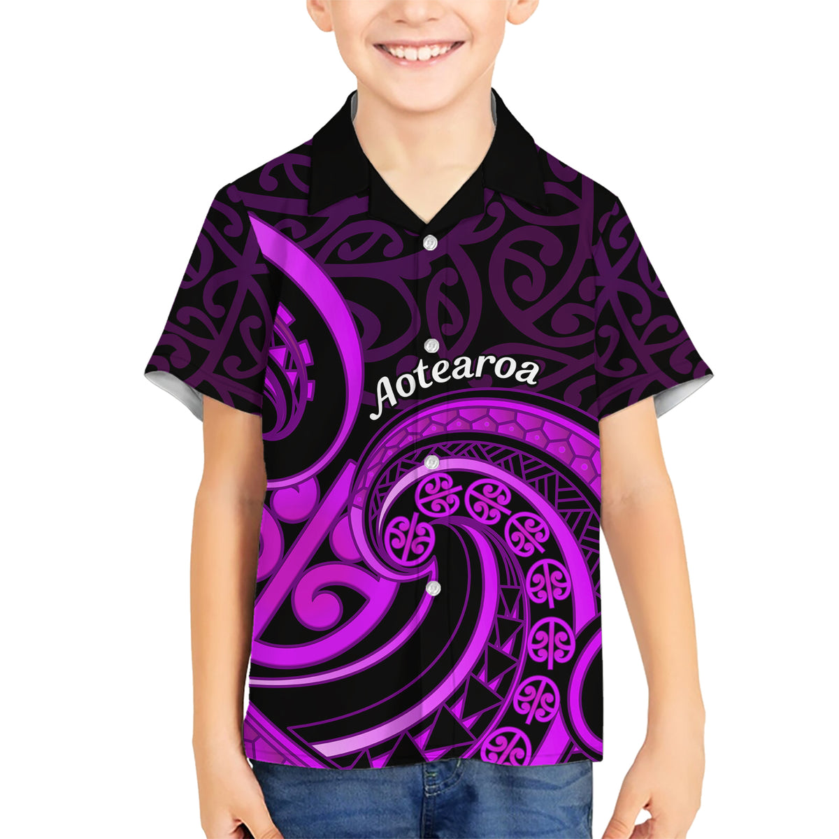 Purple Aotearoa Mangopare Family Matching Short Sleeve Bodycon Dress and Hawaiian Shirt NZ Maori Koru Style LT14 Son's Shirt Purple - Polynesian Pride