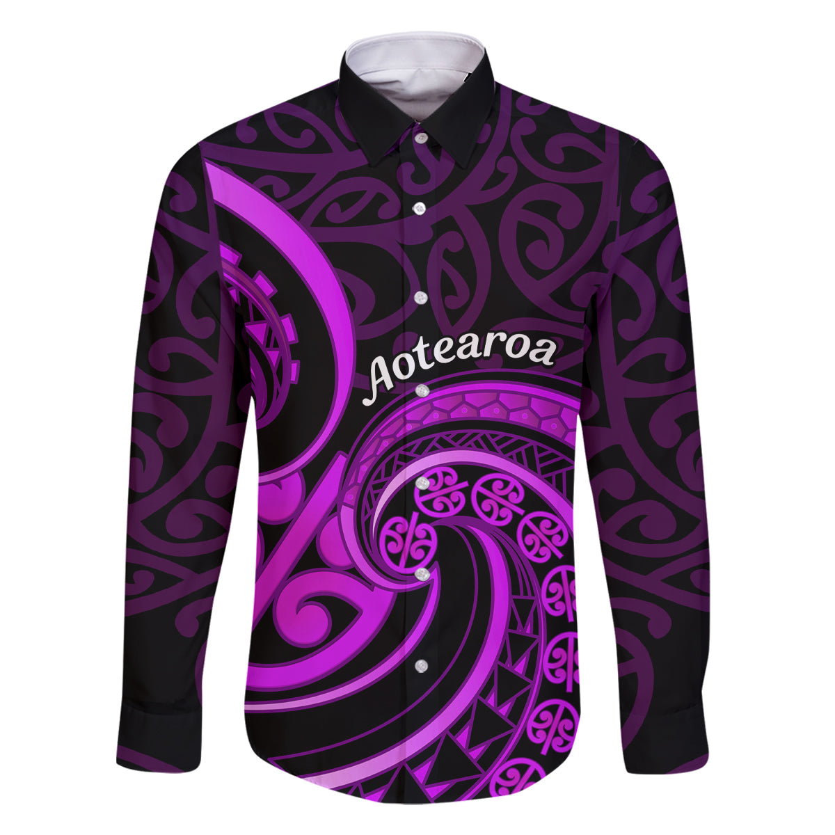 Purple Aotearoa Mangopare Family Matching Tank Maxi Dress and Hawaiian Shirt NZ Maori Koru Style LT14 Dad's Shirt - Long Sleeve Purple - Polynesian Pride