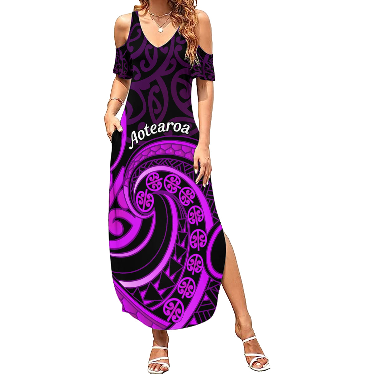 Purple Aotearoa Mangopare Summer Maxi Dress NZ Maori Koru Style LT14 Women Purple - Polynesian Pride