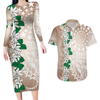Cook Islands Tiare Maori With Conch Shell Couples Matching Long Sleeve Bodycon Dress and Hawaiian Shirt 2025 Pasifika Polynesian Tattoo LT14 Brown - Polynesian Pride