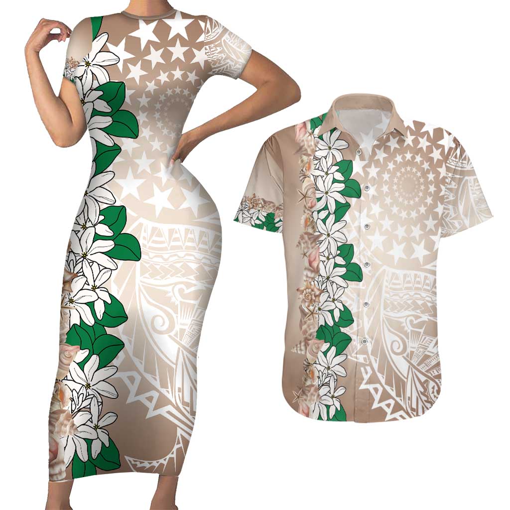 Cook Islands Tiare Maori With Conch Shell Couples Matching Short Sleeve Bodycon Dress and Hawaiian Shirt 2025 Pasifika Polynesian Tattoo LT14 Brown - Polynesian Pride