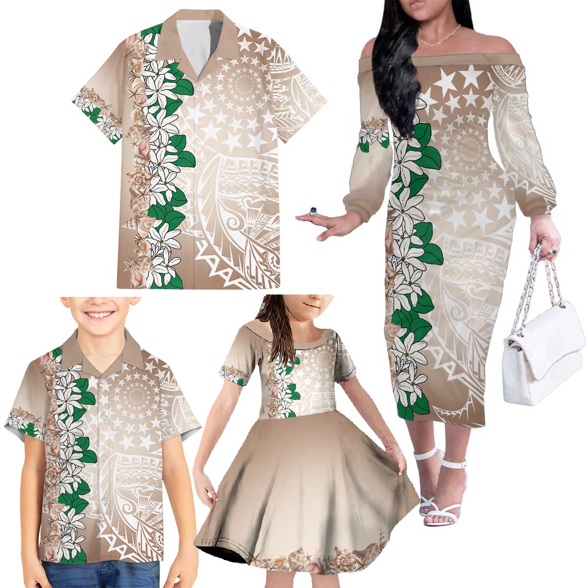 Cook Islands Tiare Maori With Conch Shell Family Matching Off The Shoulder Long Sleeve Dress and Hawaiian Shirt 2025 Pasifika Polynesian Tattoo LT14 - Polynesian Pride