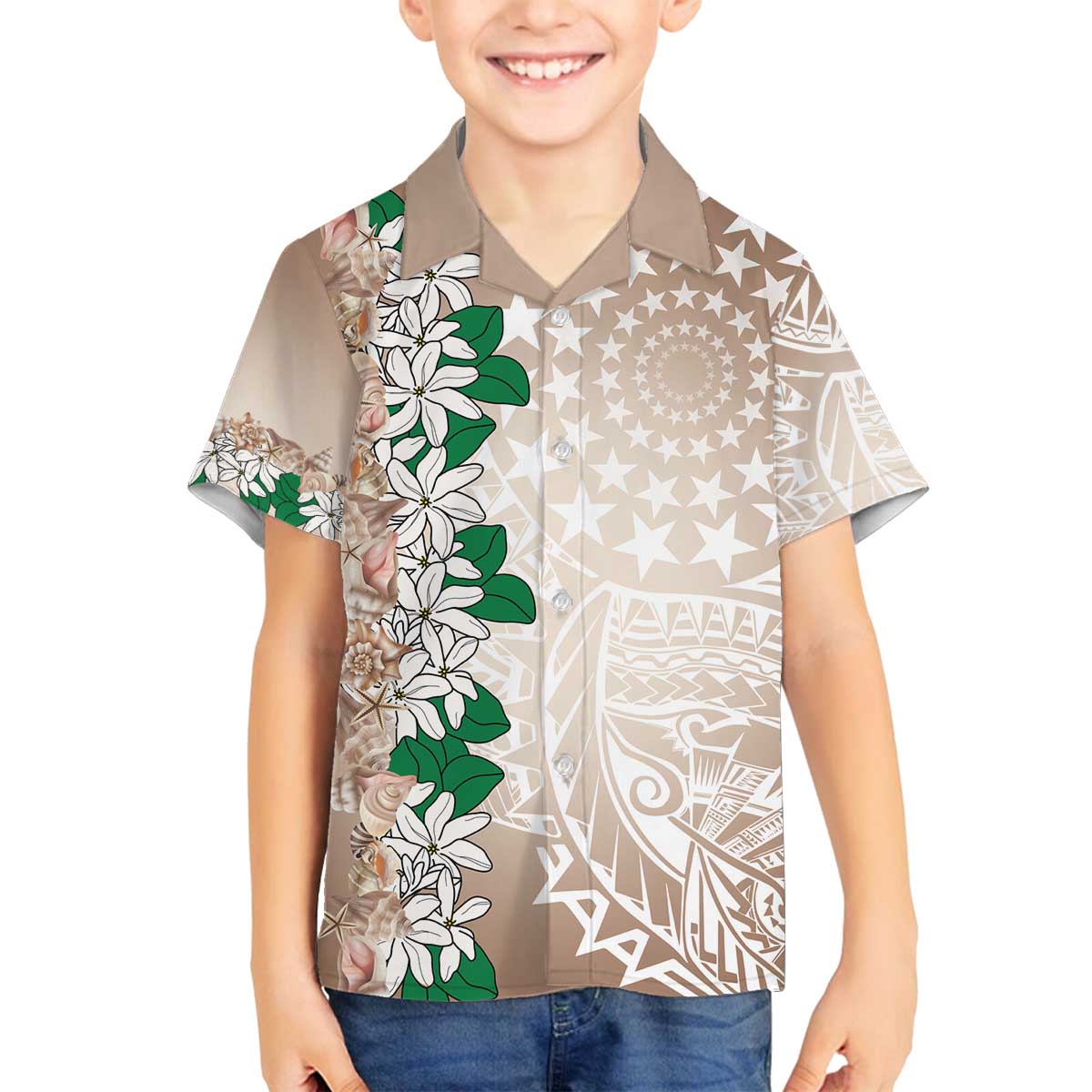 Cook Islands Tiare Maori With Conch Shell Family Matching Off The Shoulder Long Sleeve Dress and Hawaiian Shirt 2025 Pasifika Polynesian Tattoo LT14 Son's Shirt Brown - Polynesian Pride