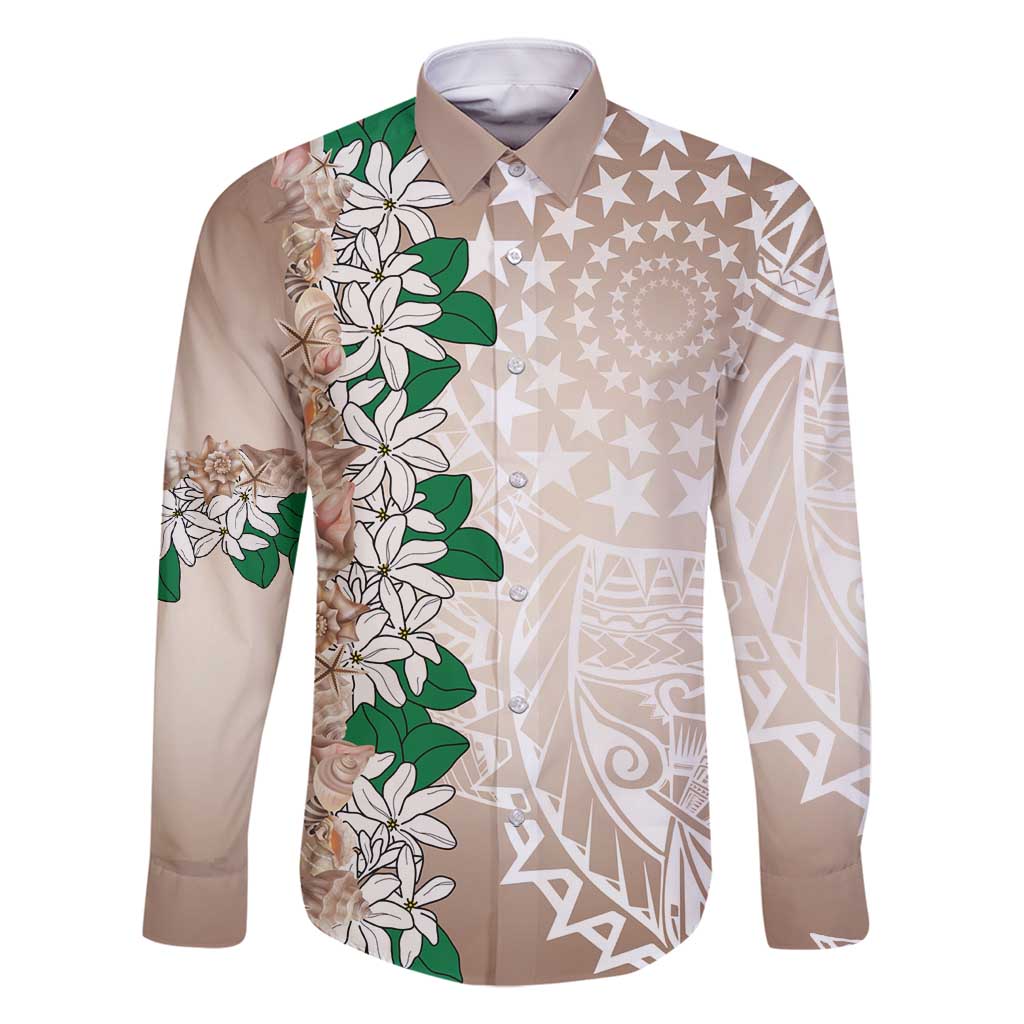 Cook Islands Tiare Maori With Conch Shell Family Matching Summer Maxi Dress and Hawaiian Shirt 2025 Pasifika Polynesian Tattoo LT14 Dad's Shirt - Long Sleeve Brown - Polynesian Pride