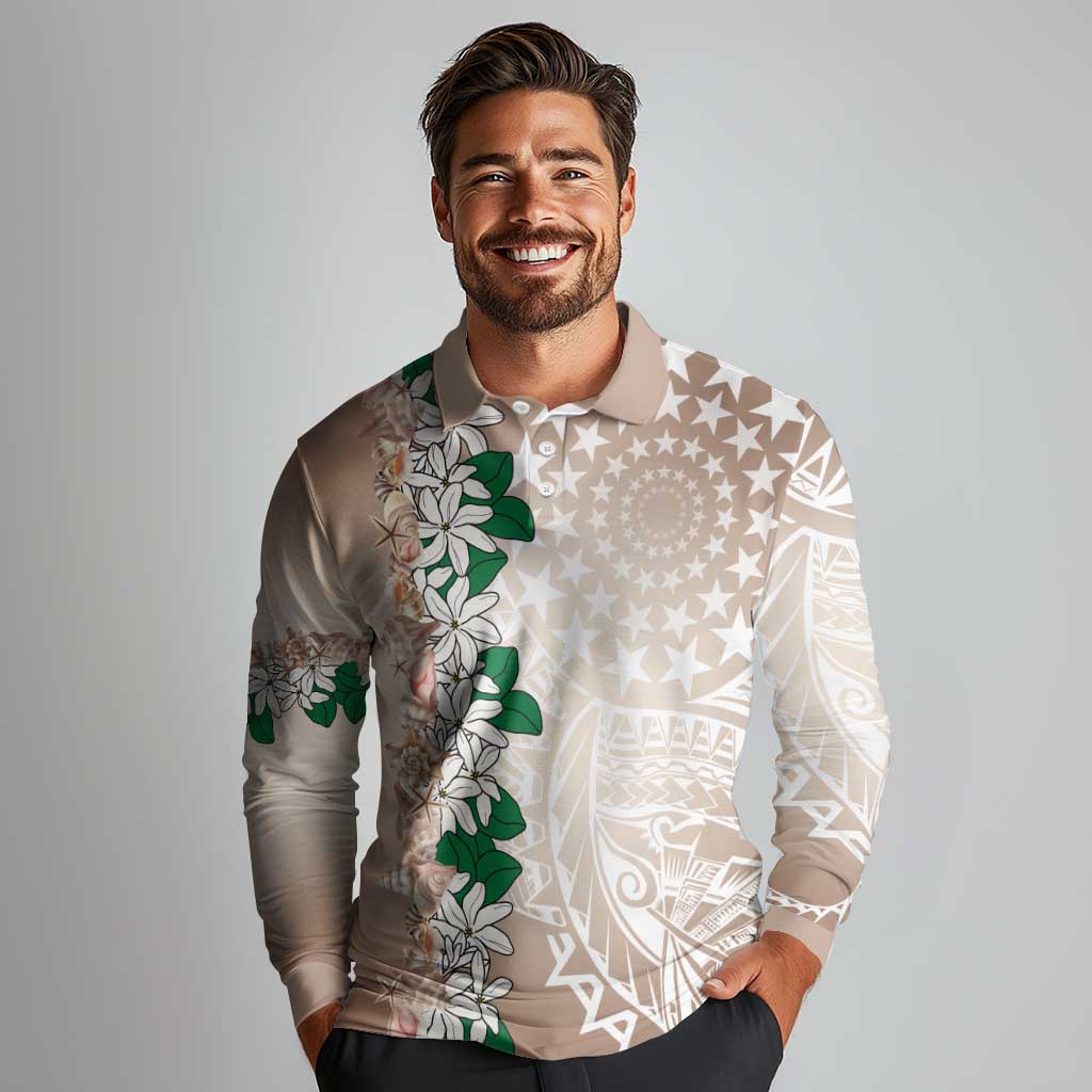 Cook Islands Tiare Maori With Conch Shell Long Sleeve Polo Shirt 2025 Pasifika Polynesian Tattoo