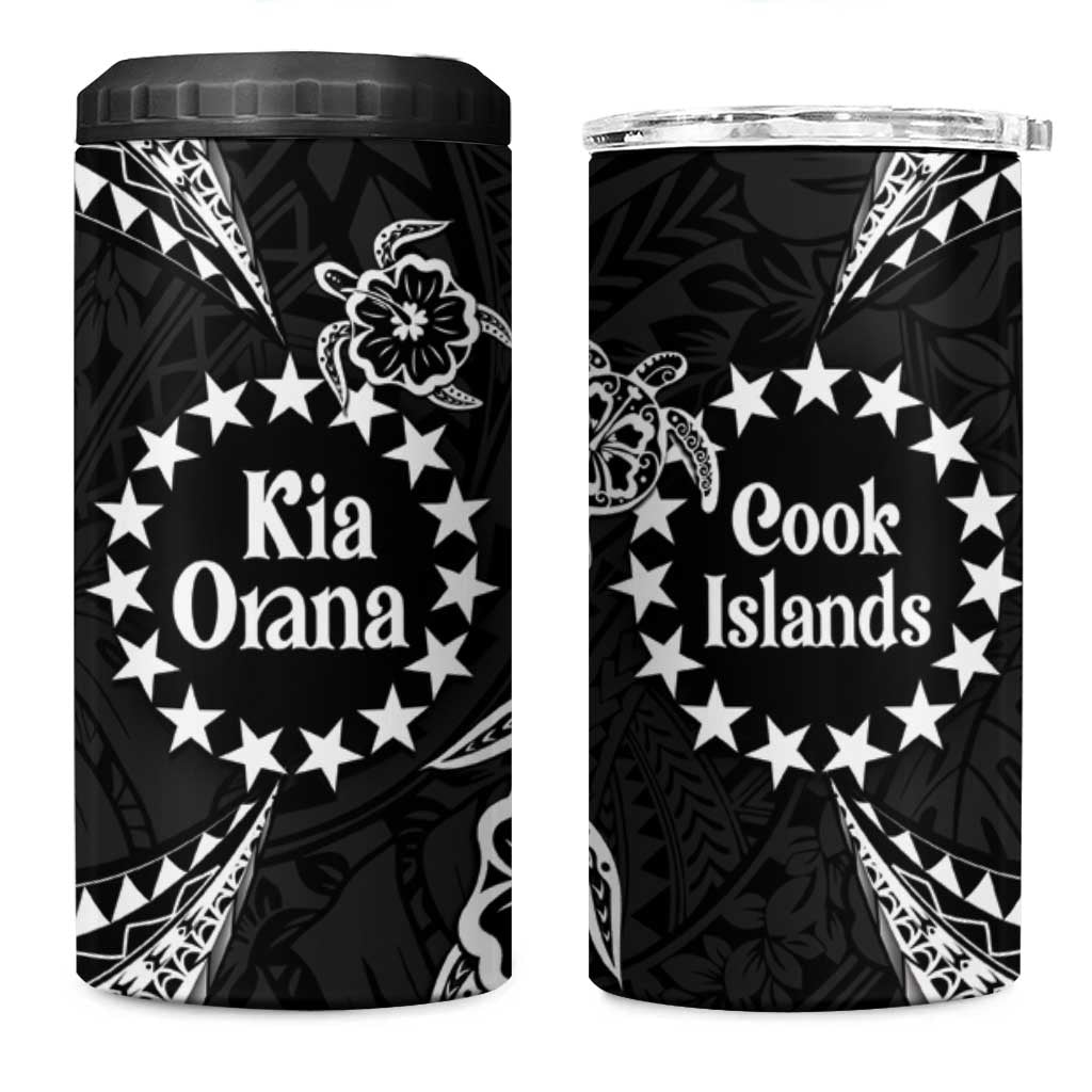 Kia Orana Cook Islands 4 in 1 Can Cooler Tumbler 2025 Pasifika Polynesian Turtle Black Color