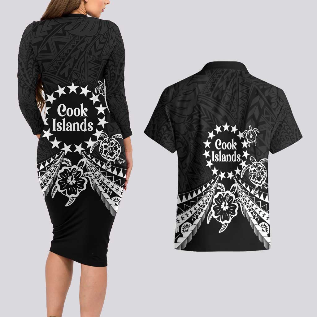 Kia Orana Cook Islands Couples Matching Long Sleeve Bodycon Dress and Hawaiian Shirt 2025 Pasifika Polynesian Turtle Black Color LT14 - Polynesian Pride