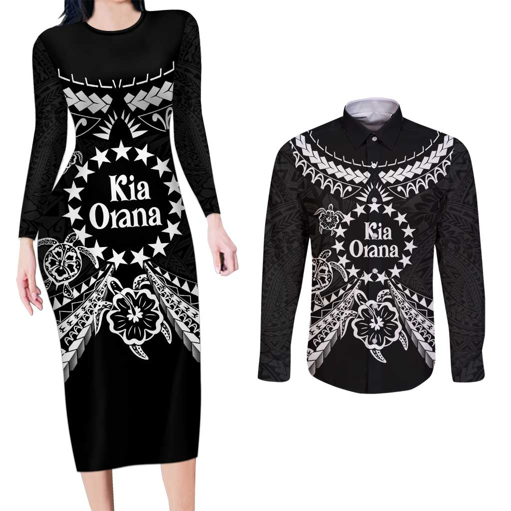 Kia Orana Cook Islands Couples Matching Long Sleeve Bodycon Dress and Long Sleeve Button Shirt 2025 Pasifika Polynesian Turtle Black Color LT14 Black - Polynesian Pride