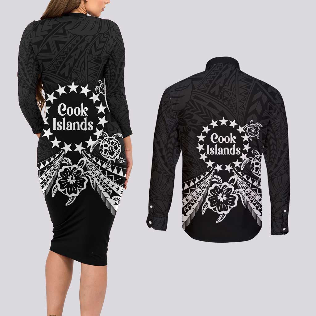 Kia Orana Cook Islands Couples Matching Long Sleeve Bodycon Dress and Long Sleeve Button Shirt 2025 Pasifika Polynesian Turtle Black Color LT14 - Polynesian Pride