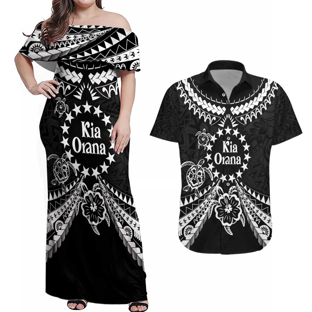 Kia Orana Cook Islands Couples Matching Off Shoulder Maxi Dress and Hawaiian Shirt 2025 Pasifika Polynesian Turtle Black Color