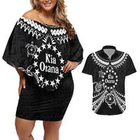 Kia Orana Cook Islands Couples Matching Off Shoulder Short Dress and Hawaiian Shirt 2025 Pasifika Polynesian Turtle Black Color LT14 Black - Polynesian Pride