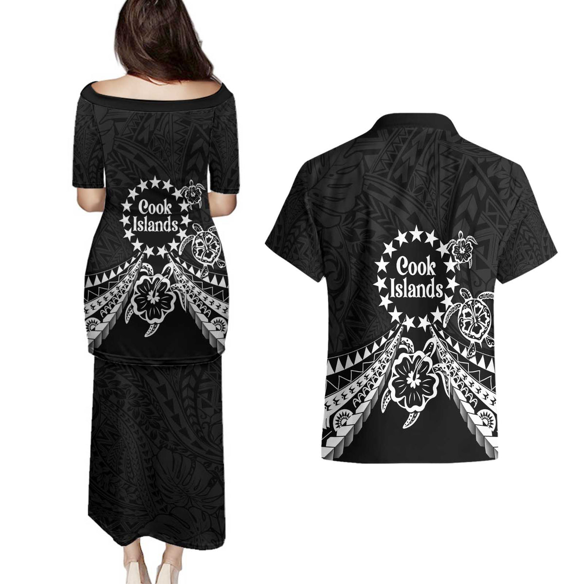 Kia Orana Cook Islands Couples Matching Puletasi and Hawaiian Shirt 2025 Pasifika Polynesian Turtle Black Color