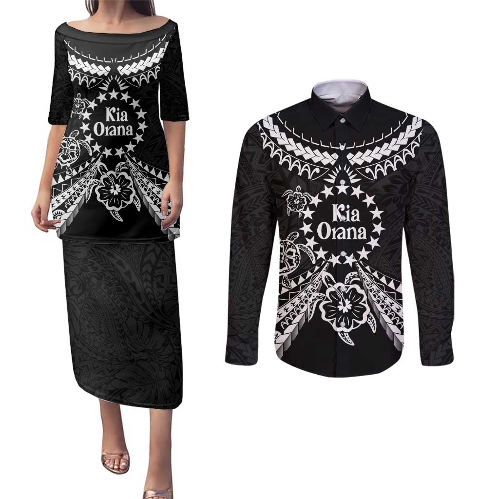 Kia Orana Cook Islands Couples Matching Puletasi and Long Sleeve Button Shirt 2025 Pasifika Polynesian Turtle Black Color LT14 Black - Polynesian Pride