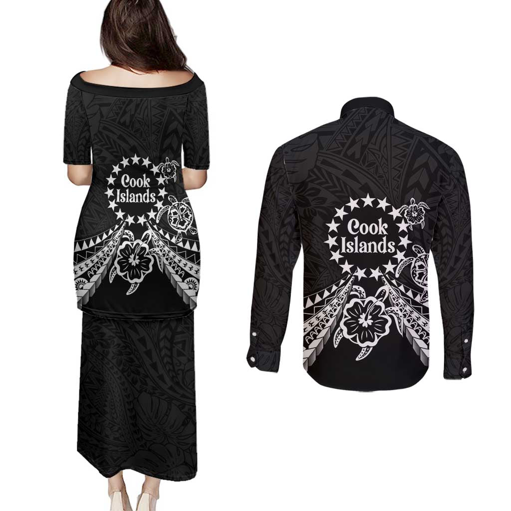 Kia Orana Cook Islands Couples Matching Puletasi and Long Sleeve Button Shirt 2025 Pasifika Polynesian Turtle Black Color LT14 - Polynesian Pride