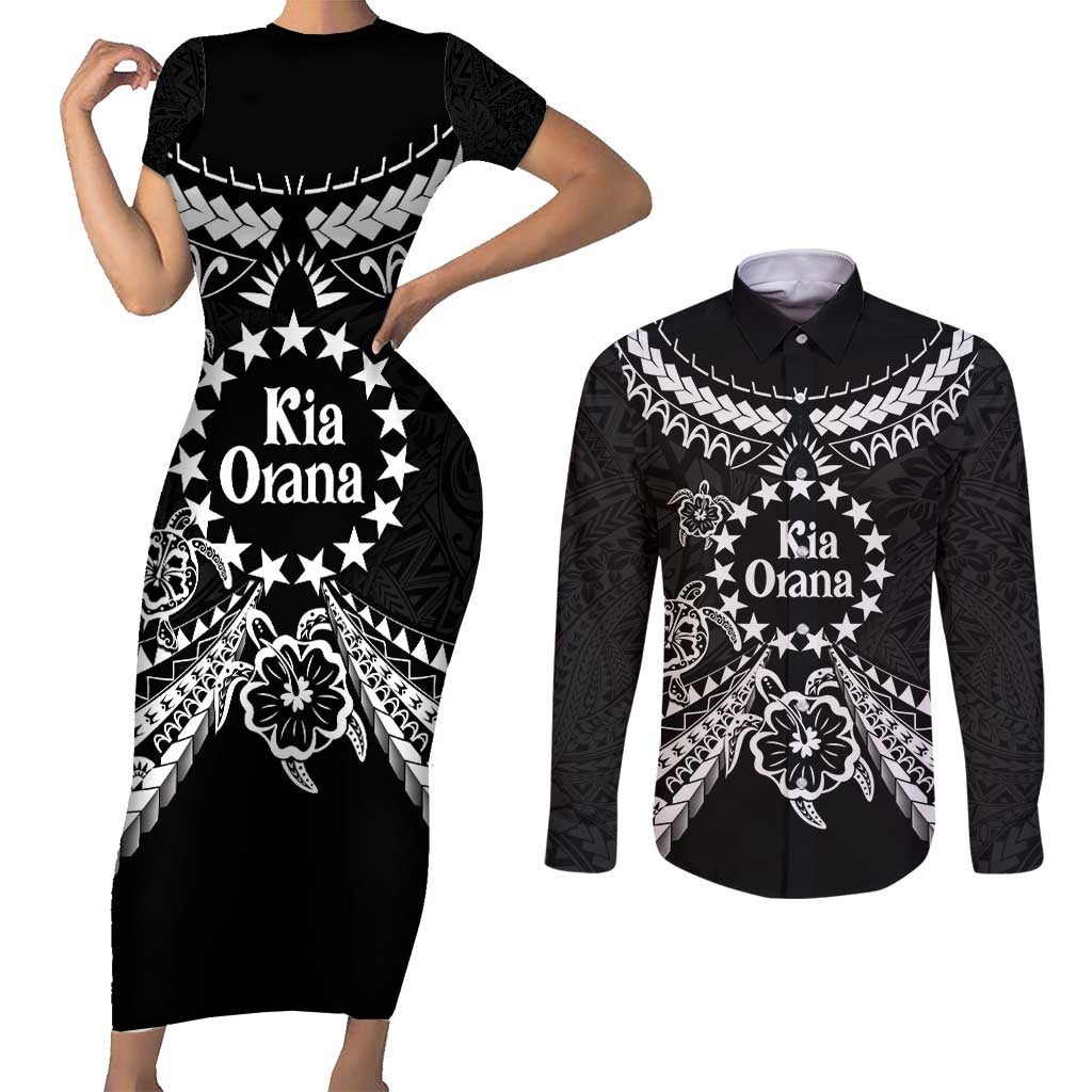 Kia Orana Cook Islands Couples Matching Short Sleeve Bodycon Dress and Long Sleeve Button Shirt 2025 Pasifika Polynesian Turtle Black Color LT14 Black - Polynesian Pride