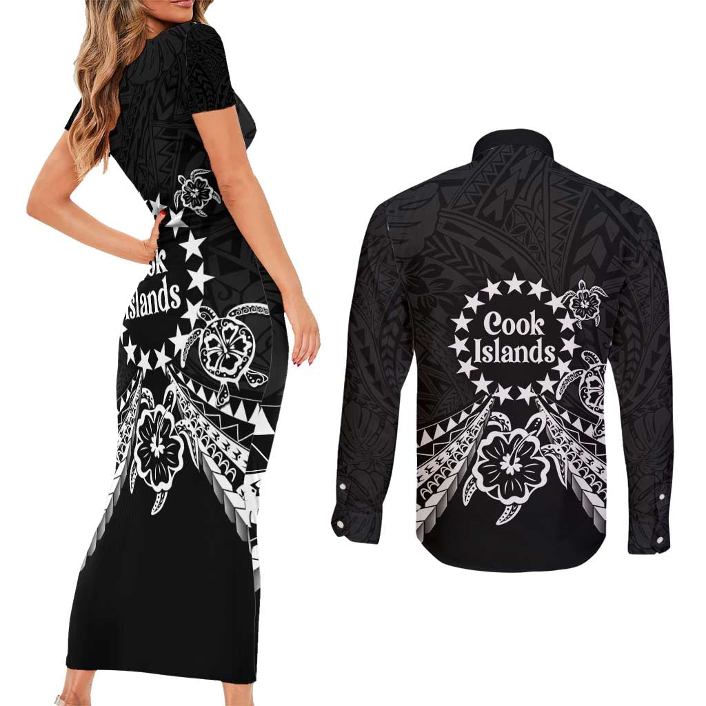 Kia Orana Cook Islands Couples Matching Short Sleeve Bodycon Dress and Long Sleeve Button Shirt 2025 Pasifika Polynesian Turtle Black Color LT14 - Polynesian Pride