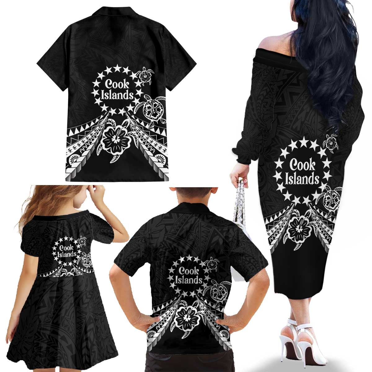 Kia Orana Cook Islands Family Matching Off The Shoulder Long Sleeve Dress and Hawaiian Shirt 2025 Pasifika Polynesian Turtle Black Color LT14 - Polynesian Pride