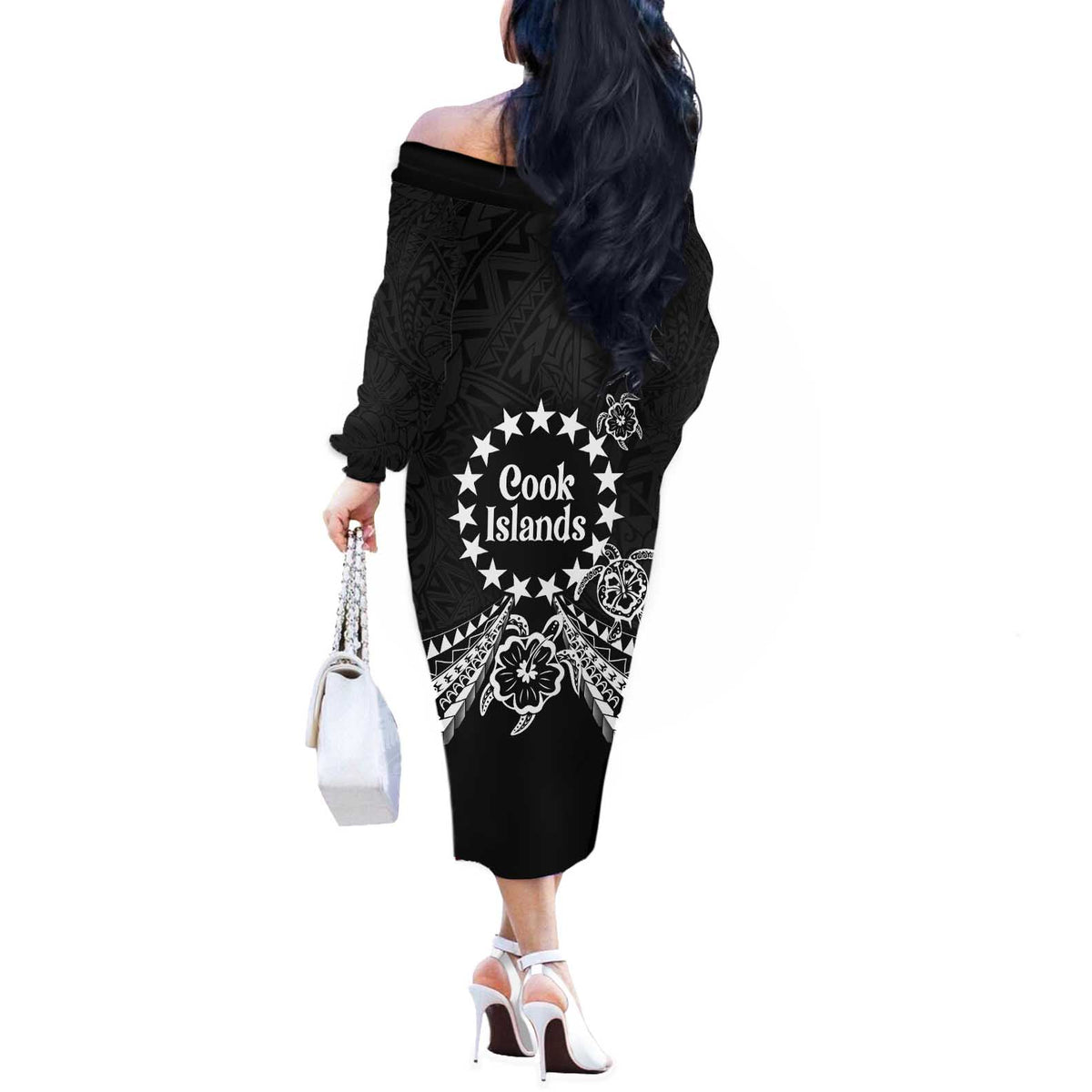 Kia Orana Cook Islands Off The Shoulder Long Sleeve Dress 2025 Pasifika Polynesian Turtle Black Color