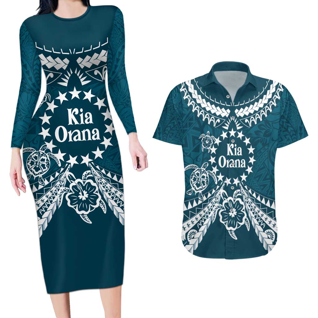 Kia Orana Cook Islands Couples Matching Long Sleeve Bodycon Dress and Hawaiian Shirt Polynesian Turtle Crowberry Blue Color